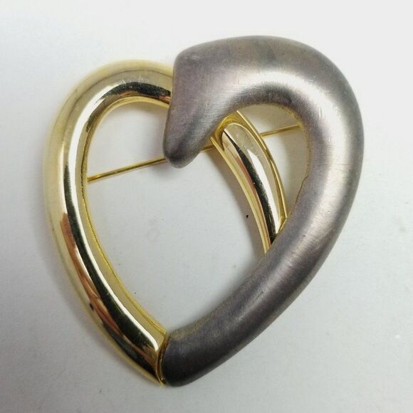 Vintage Two Tone Heart Shape Brooch, Silver Tone and Gold Tone Modern Design Pin - Picture 1 of 5